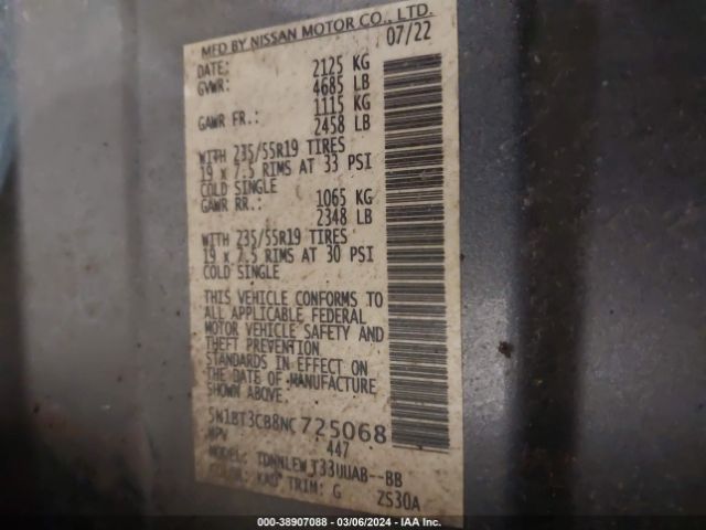5N1BT3CB8NC725068 Nissan Rogue Sl Intelligent Awd