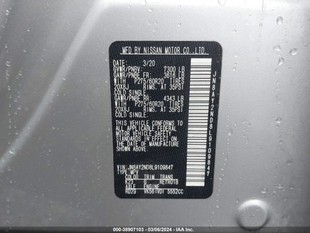 Nissan Armada Sl 2wd 2020 JN8AY2ND8L9109847 Image 9