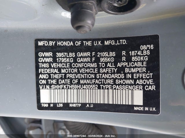 Honda CIVIC EX 2017 SHHFK7H59HU400552 Image 9