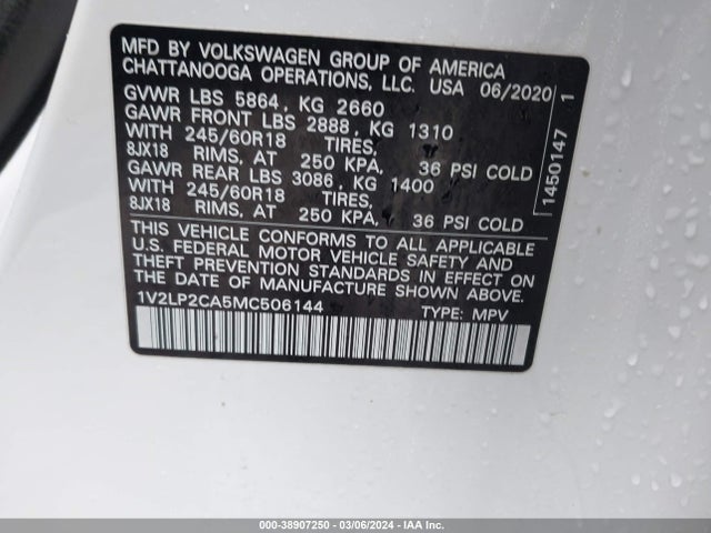 1V2LP2CA5MC506144 Volkswagen Atlas 2.0t Se