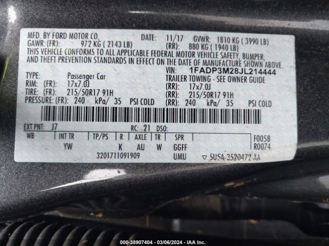 1FADP3M28JL214444 Ford FOCUS SEL