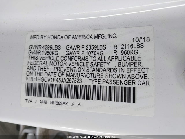 Honda ACCORD EX 2018 1HGCV1F45JA257523 Image 9