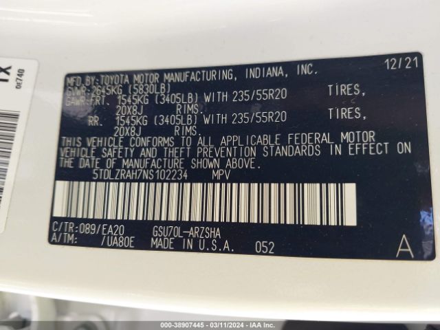 5TDLZRAH7NS102234 Toyota Highlander Xse