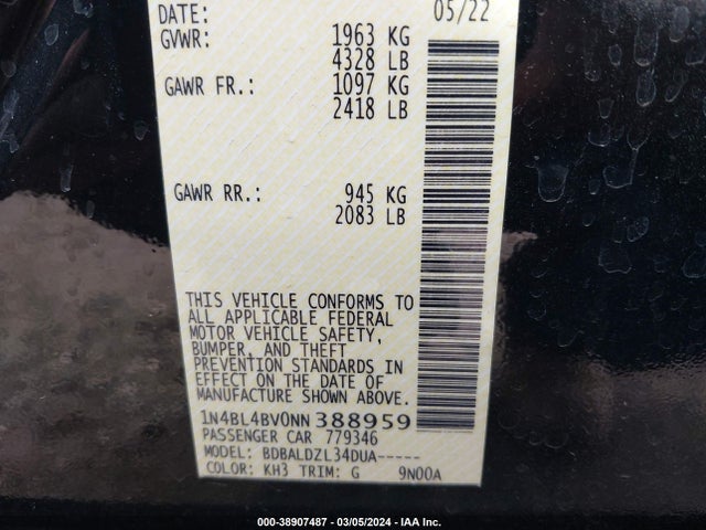 2022 NISSAN ALTIMA S FWD VIN: 1N4BL4BV0NN388959