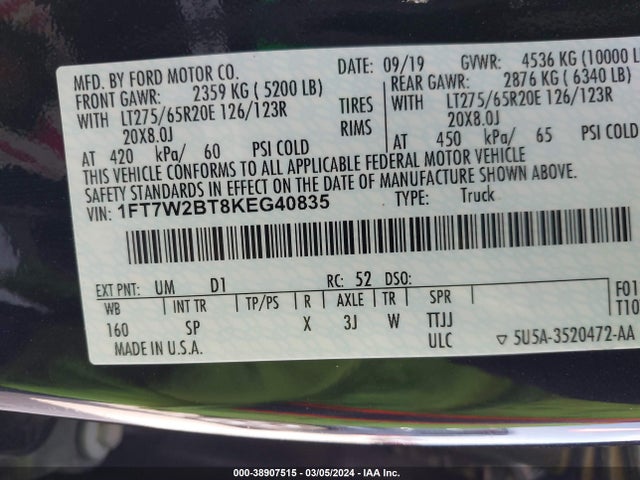 Ford F-250 King Ranch 2019 1FT7W2BT8KEG40835 Image 9