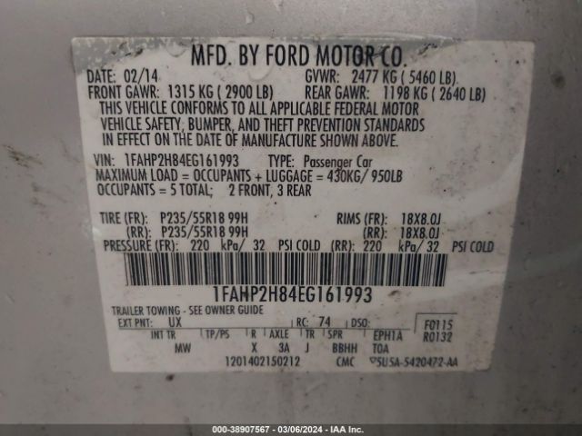 1FAHP2H84EG161993 Ford TAURUS SEL