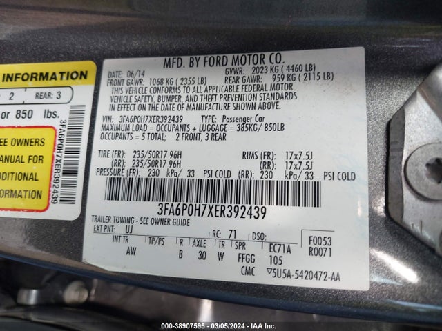 Ford FUSION SE 2014 3FA6P0H7XER392439 Image 9