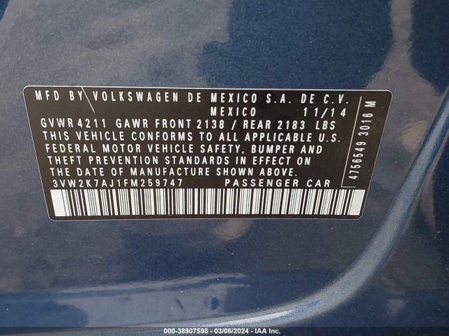 3VW2K7AJ1FM259747 Volkswagen Jetta 2.0l S
