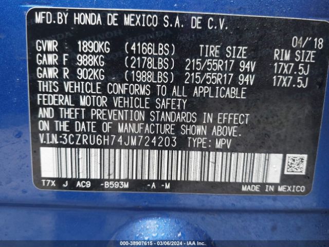 3CZRU6H74JM724203 Honda Hr-v Ex-l