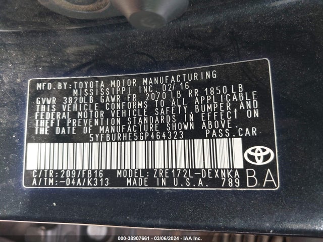 Toyota COROLLA LE 2016 5YFBURHE5GP464323 Image 9