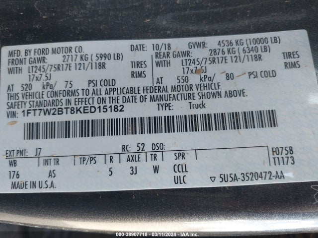 Ford F-250 Xl 2019 1FT7W2BT8KED15182 Image 9