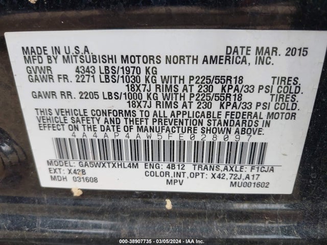 4A4AP4AW5FE028097 Mitsubishi Outlander Sport Gt