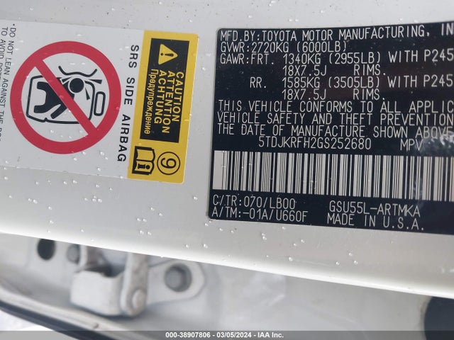 Toyota Highlander Xle V6 2016 5TDJKRFH2GS252680 Image 9