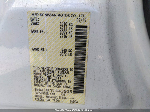 Nissan Altima 2.5 S 2015 1N4AL3AP7FC443915 Image 9