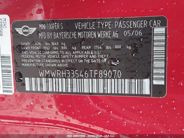 2006 MINI COOPER S WMWRH33546TF89070 Photo 8