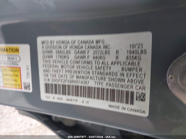 Honda Civic Sport 2024 2HGFE2F59RH514367 Image 9