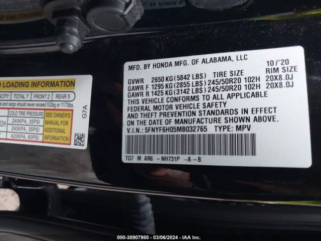 5FNYF6H05MB032765 Honda Pilot Elite