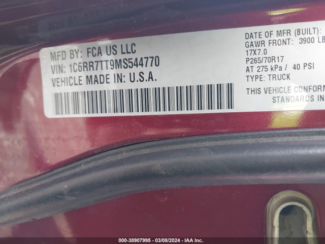 RAM 1500 Classic Slt  4x4 6'4 Box 2021 1C6RR7TT9MS544770 Image 9