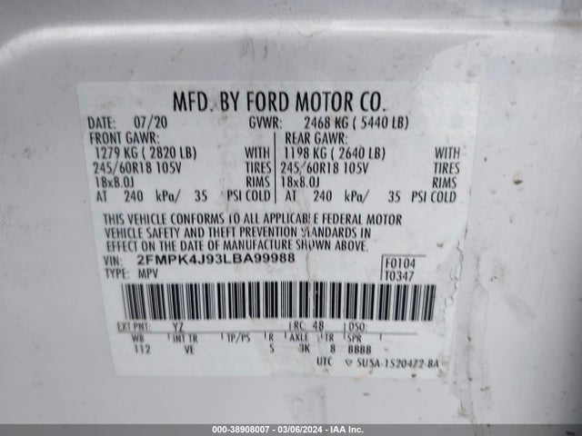 Ford EDGE SEL 2020 2FMPK4J93LBA99988 Image 9