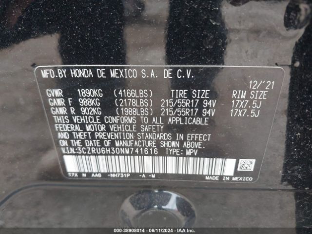 3CZRU6H30NM741616 Honda Hr-v Awd Lx