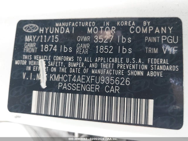 2015 HYUNDAI ACCENT GLS VIN: KMHCT4AEXFU935626