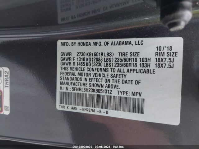 5FNRL6H23KB051312 Honda ODYSSEY LX
