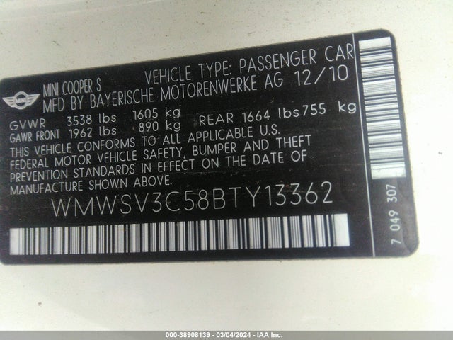 2011 MINI COOPER S WMWSV3C58BTY13362 Photo 8