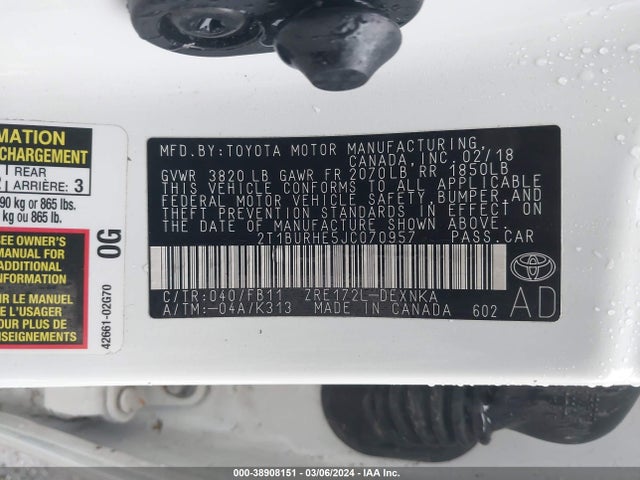 Toyota COROLLA LE 2018 2T1BURHE5JC070957 Image 9