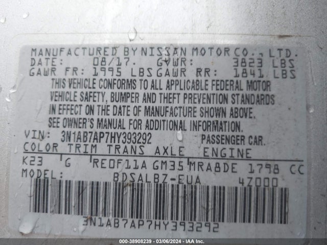 Nissan SENTRA S 2017 3N1AB7AP7HY393292 Image 9