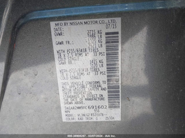 Nissan Pathfinder Sl 2015 5N1AR2MM9FC691602 Image 9