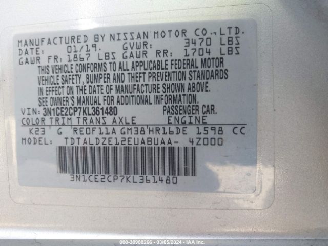 3N1CE2CP7KL361480 Nissan Versa Note Sv
