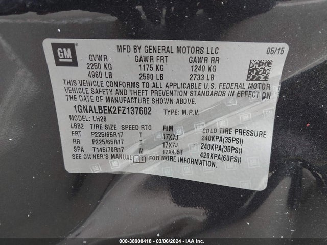 Chevrolet EQUINOX 1LT 2015 1GNALBEK2FZ137602 Image 9