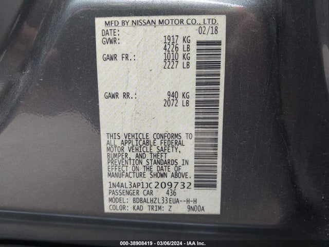 Nissan Altima 2.5 Sr 2018 1N4AL3AP1JC209732 Image 9
