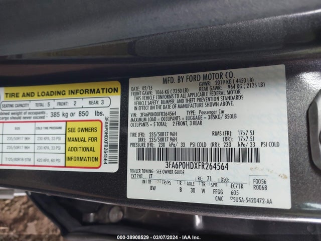 Ford FUSION SE 2015 3FA6P0HDXFR264564 Image 9