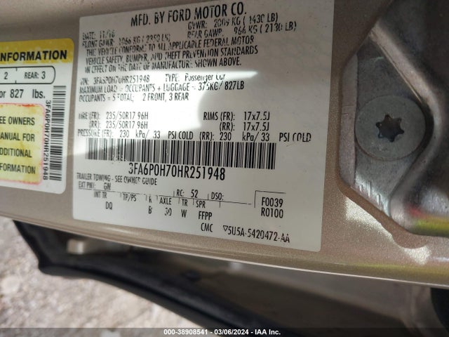 Ford FUSION SE 2017 3FA6P0H70HR251948 Image 9