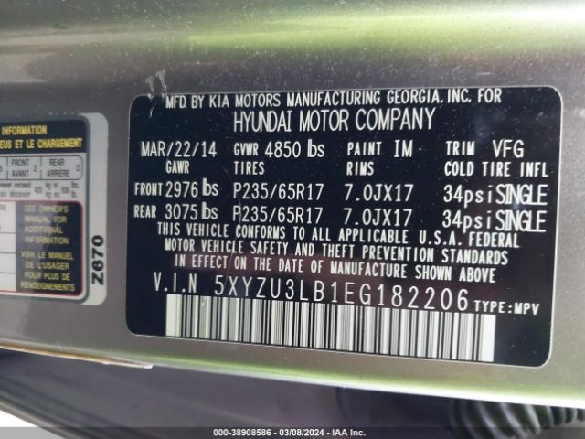 5XYZU3LB1EG182206 Hyundai Santa Fe Sport 2.4l