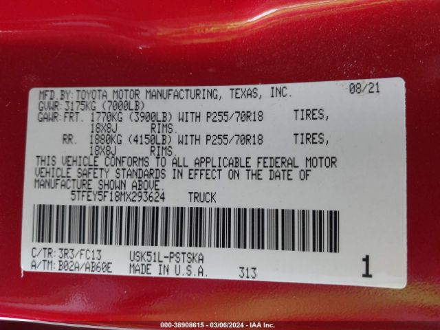 5TFEY5F18MX293624 Toyota Tundra Sr5