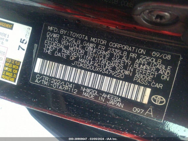 2009 TOYOTA PRIUS VIN: JTDKB20UX93479220