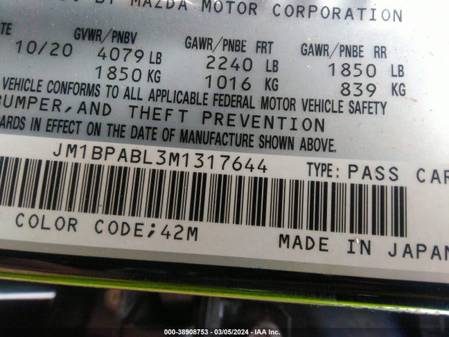 JM1BPABL3M1317644 Mazda Mazda3 Select