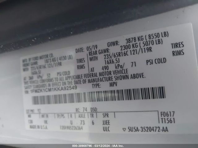 1FMZK1CM1KKA92549 Ford Transit-150 Xl
