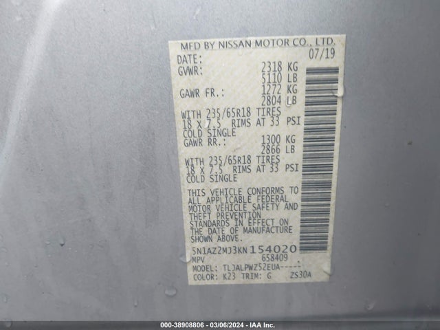 Nissan MURANO S 2019 5N1AZ2MJ3KN154020 Image 9