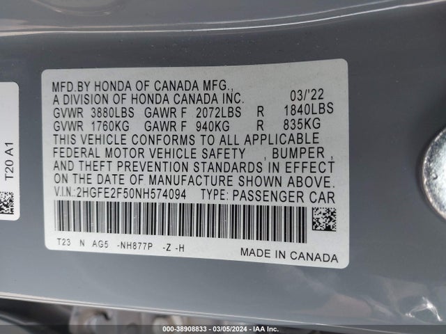 Honda Civic Sport 2022 2HGFE2F50NH574094 Image 9