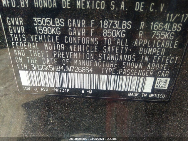 Honda FIT EX 2018 3HGGK5H84JM726864 Image 9