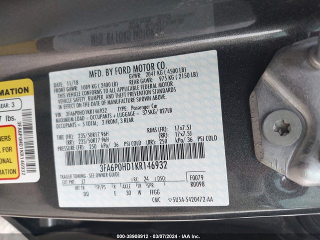Ford FUSION SE 2019 3FA6P0HD1KR146932 Image 9