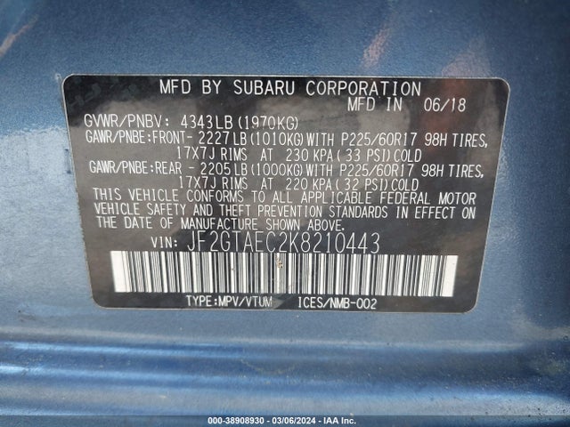 Subaru Crosstrek 2.0i Premium 2019 JF2GTAEC2K8210443 Image 9