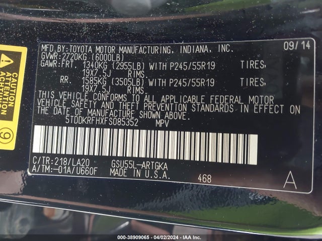 Toyota Highlander Limited V6 2015 5TDDKRFHXFS085352 Image 9