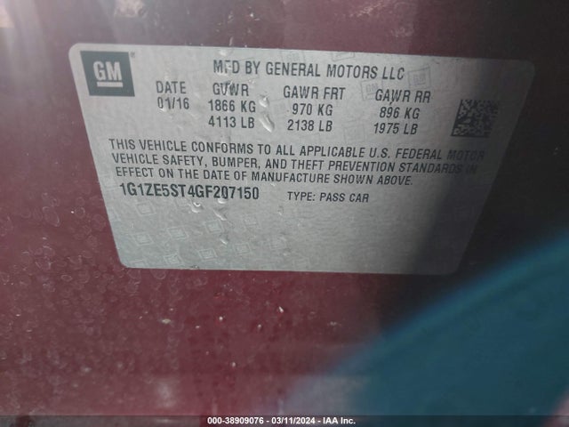 Chevrolet MALIBU 1LT 2016 1G1ZE5ST4GF207150 Image 9