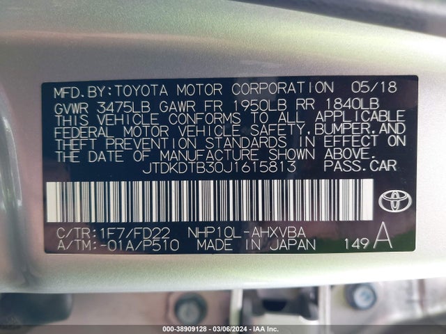 Toyota Prius C One 2018 JTDKDTB30J1615813 Image 9