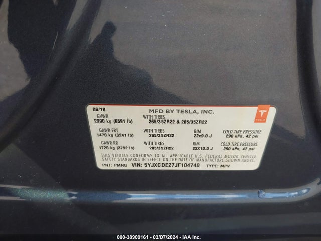 Tesla Model X 100d/75d/p100d 2018 5YJXCDE27JF104740 Image 9
