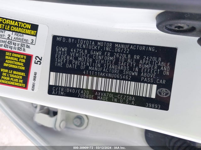 Toyota CAMRY SE 2022 4T1T11AK4NU065462 Image 9